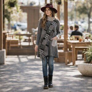 Boho Trisha Taylor Wool Blend Houndstooth Patchwork Knit Tunic Asymmetric SZ L